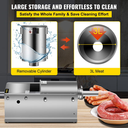 Manual 3L Sausage Stuffer, Dual-Speed Horizontal Machine with 5 Tubes