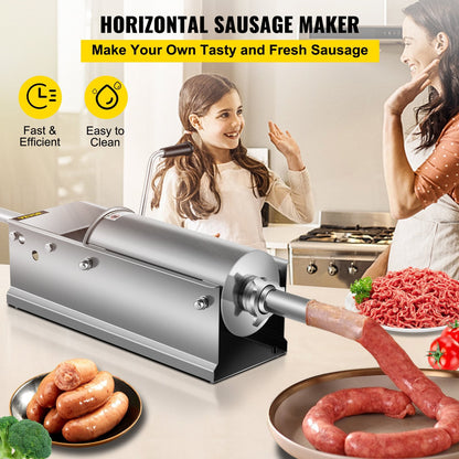 Manual Horizontal 5L Sausage Stuffer, Dual-Speed, Stainless Steel, 5 Tubes