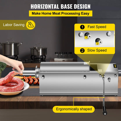 Manual Horizontal 5L Sausage Stuffer, Dual-Speed, Stainless Steel, 5 Tubes