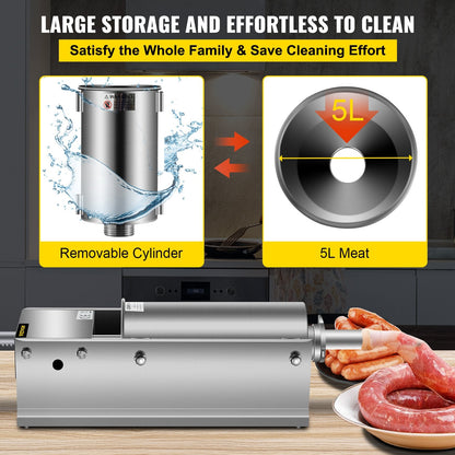 Manual Horizontal 5L Sausage Stuffer, Dual-Speed, Stainless Steel, 5 Tubes