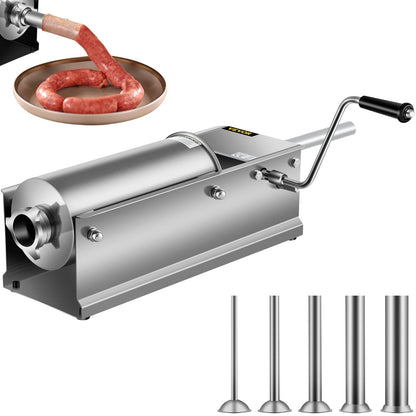 Manual Horizontal 5L Sausage Stuffer, Dual-Speed, Stainless Steel, 5 Tubes