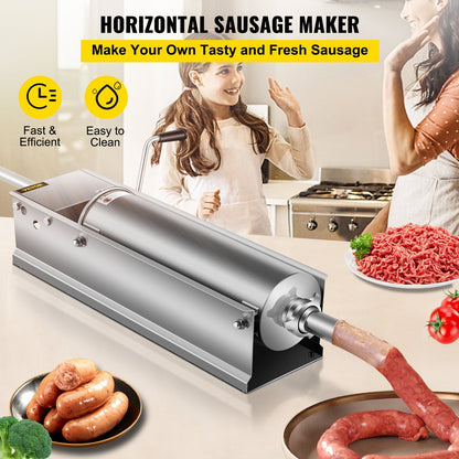 7L Horizontal Sausage Stuffer, Dual-Speed, Stainless Steel, with 5 Tubes