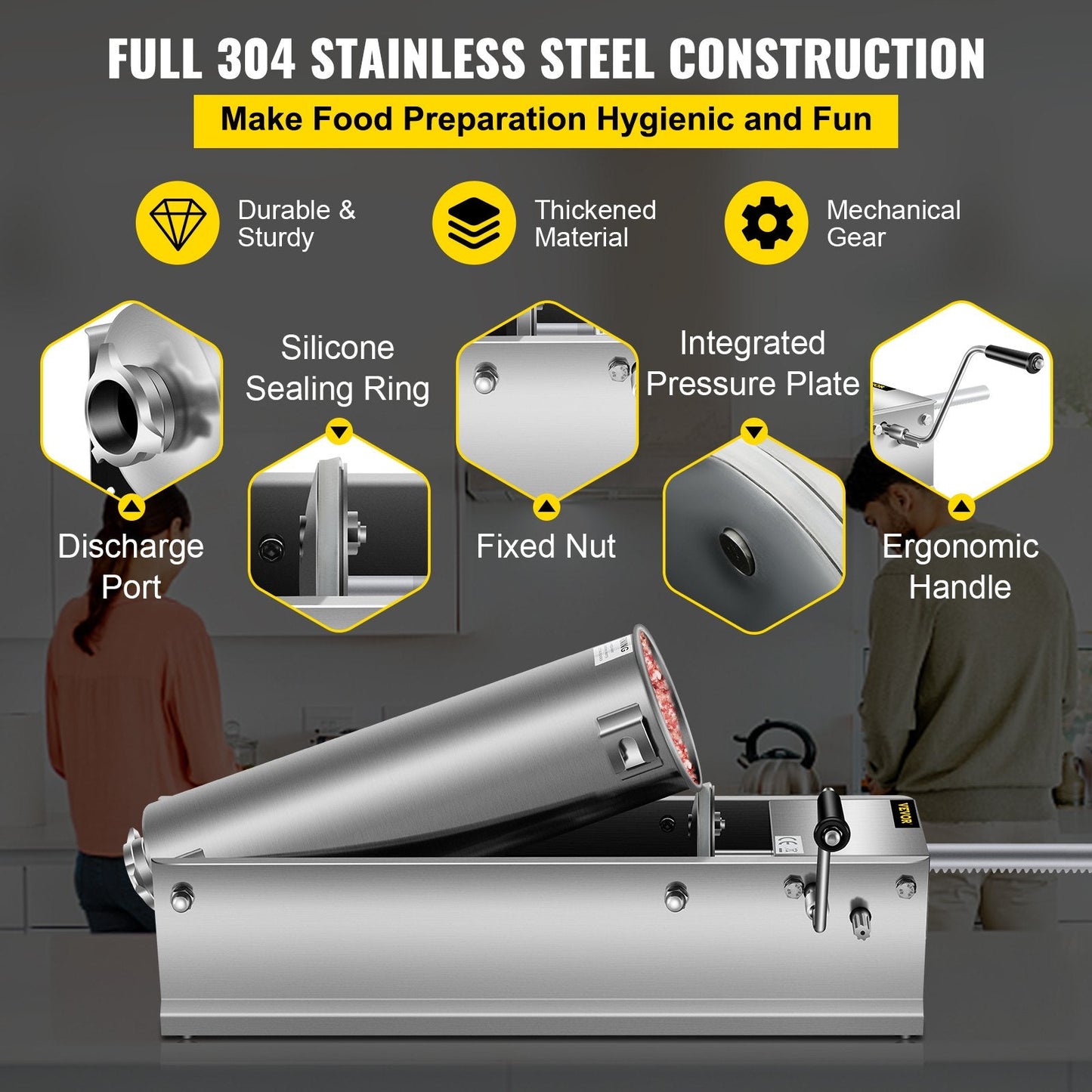 7L Horizontal Sausage Stuffer, Dual-Speed, Stainless Steel, with 5 Tubes