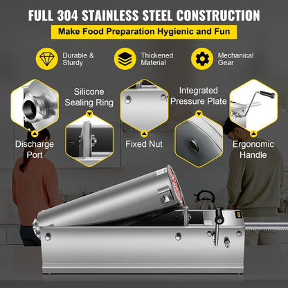 7L Horizontal Sausage Stuffer, Dual-Speed, Stainless Steel, with 5 Tubes