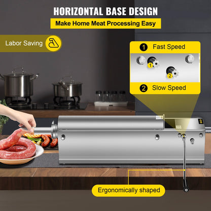 7L Horizontal Sausage Stuffer, Dual-Speed, Stainless Steel, with 5 Tubes