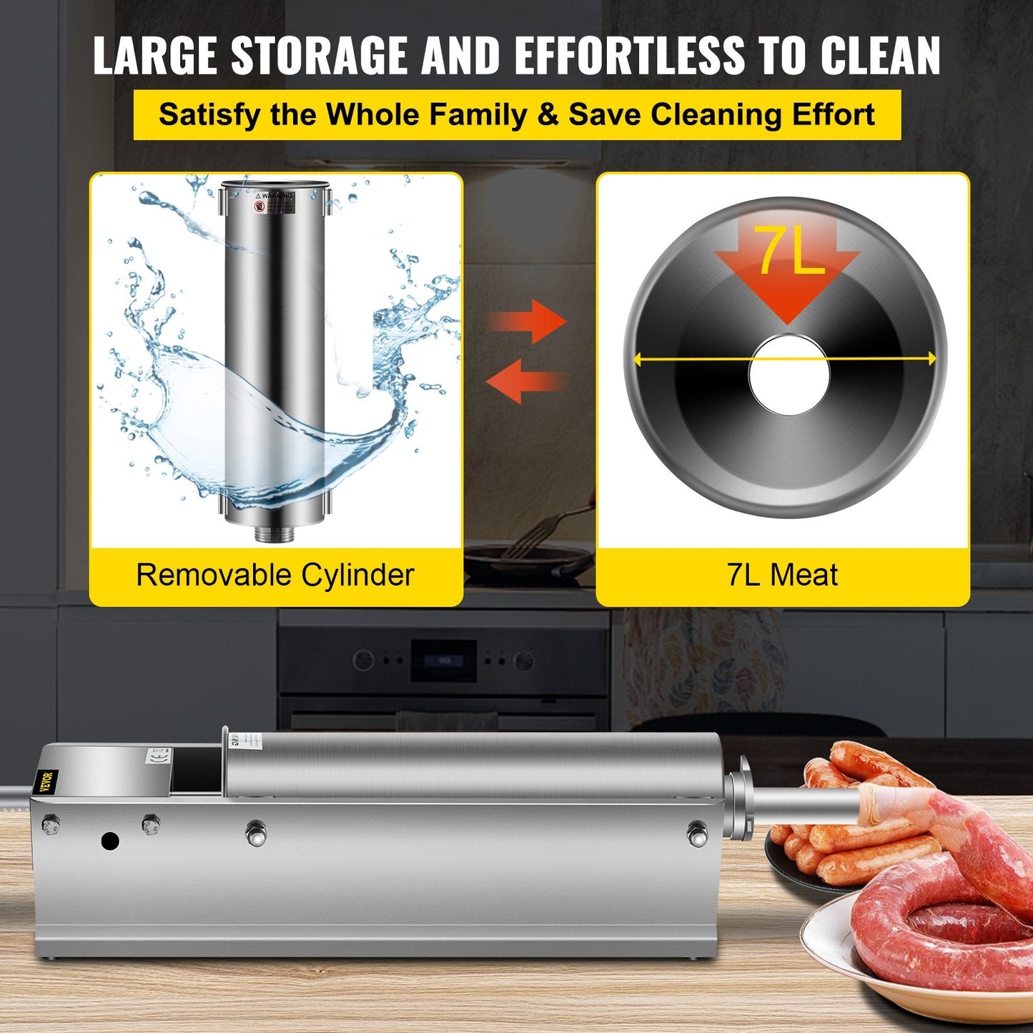 7L Horizontal Sausage Stuffer, Dual-Speed, Stainless Steel, with 5 Tubes