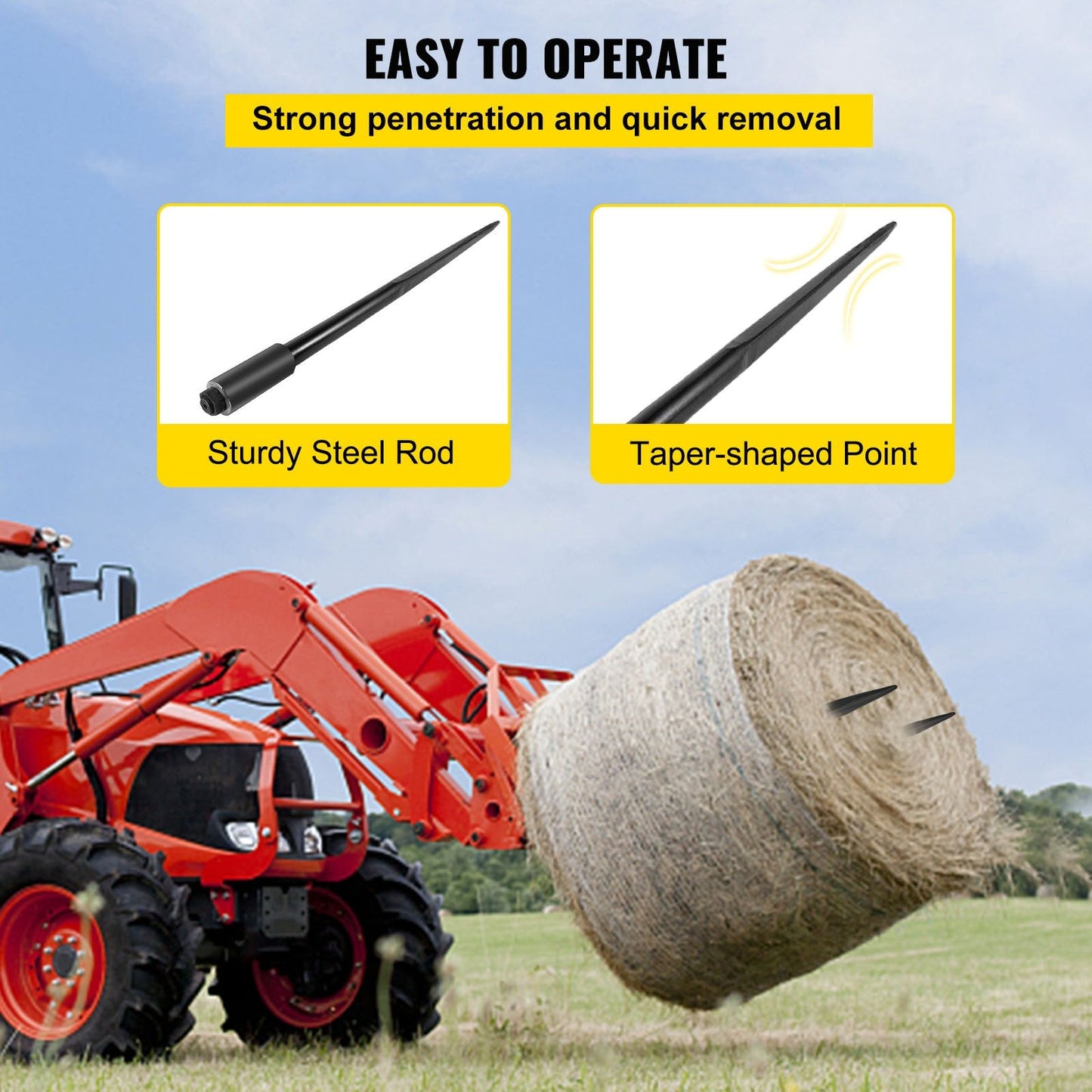Pair of 1.24m Hay Bale Spears, 1360 kg Capacity, Steel, Easy Installation