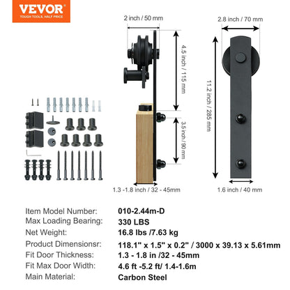 10ft Sliding Barn Door Kit for Single Door, 150kg Capacity, Smooth & Quiet