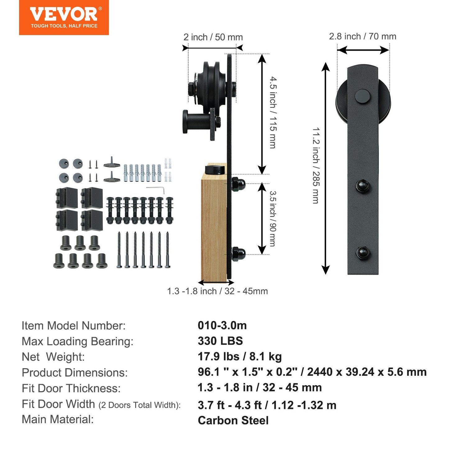 3m Sliding Barn Door Track Kit for Double Doors, 150kg Capacity, Easy Install