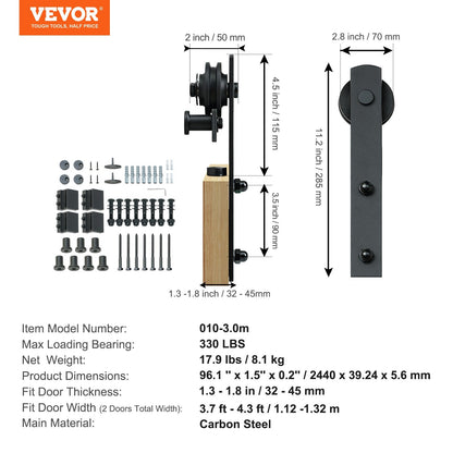 3m Sliding Barn Door Track Kit for Double Doors, 150kg Capacity, Easy Install