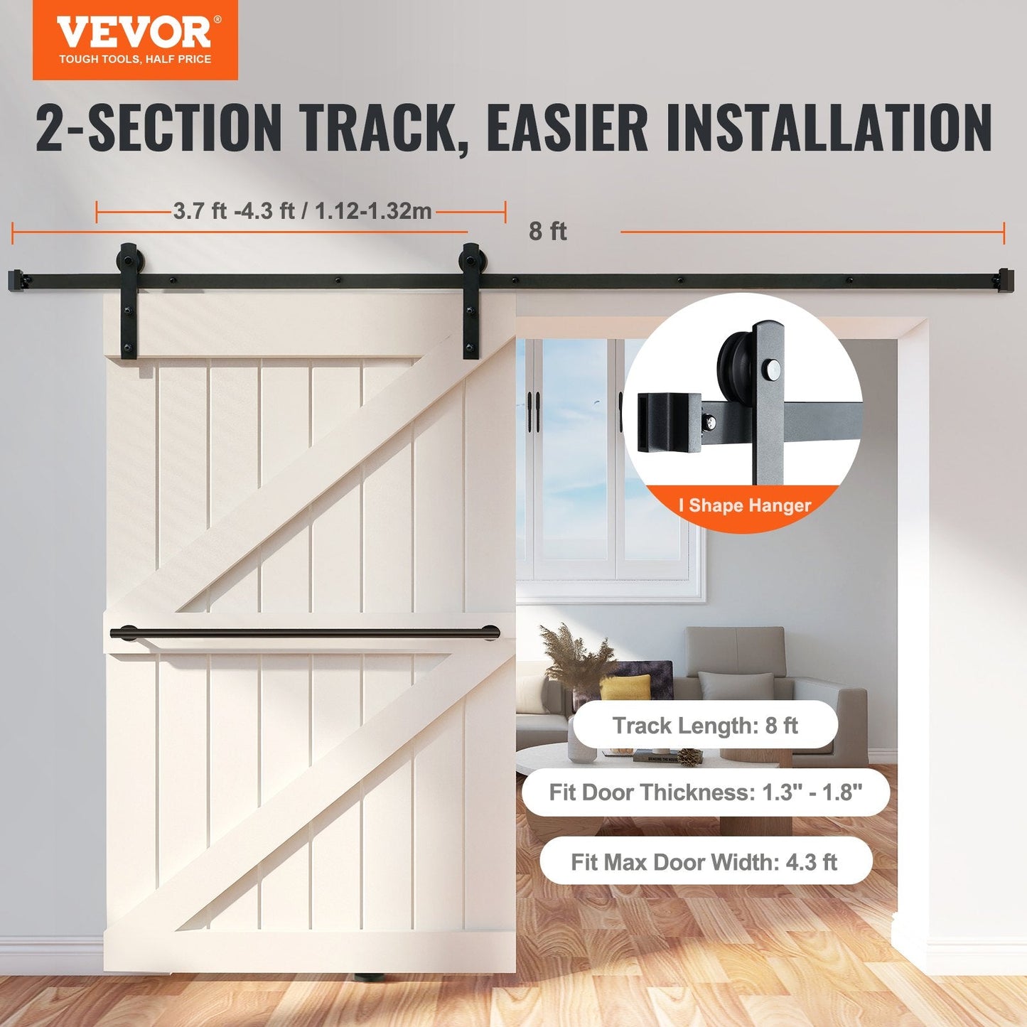 8FT Sliding Barn Door Track Kit, 150kg Capacity, 2.44m Rail, Smooth & Quiet