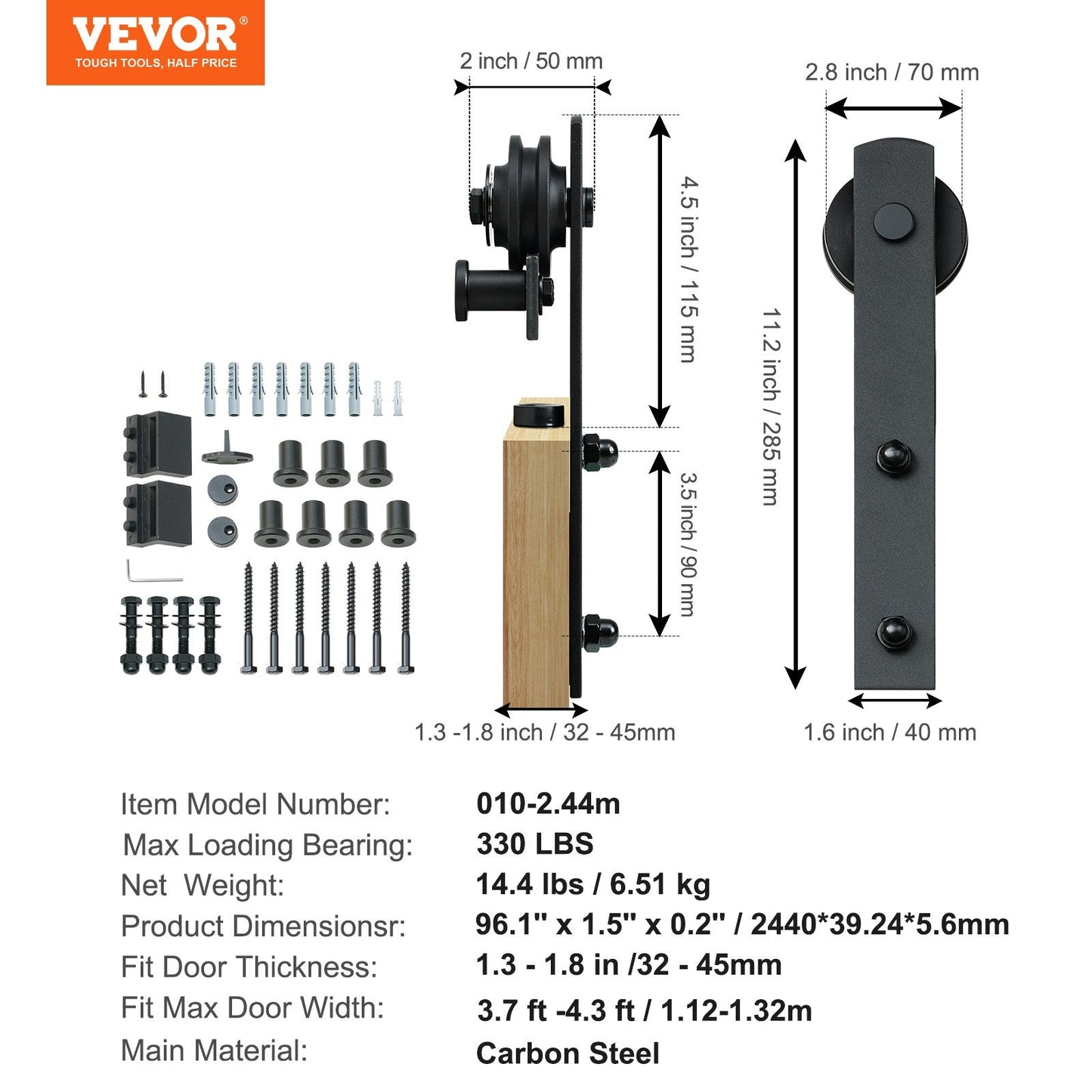 8FT Sliding Barn Door Track Kit, 150kg Capacity, 2.44m Rail, Smooth & Quiet