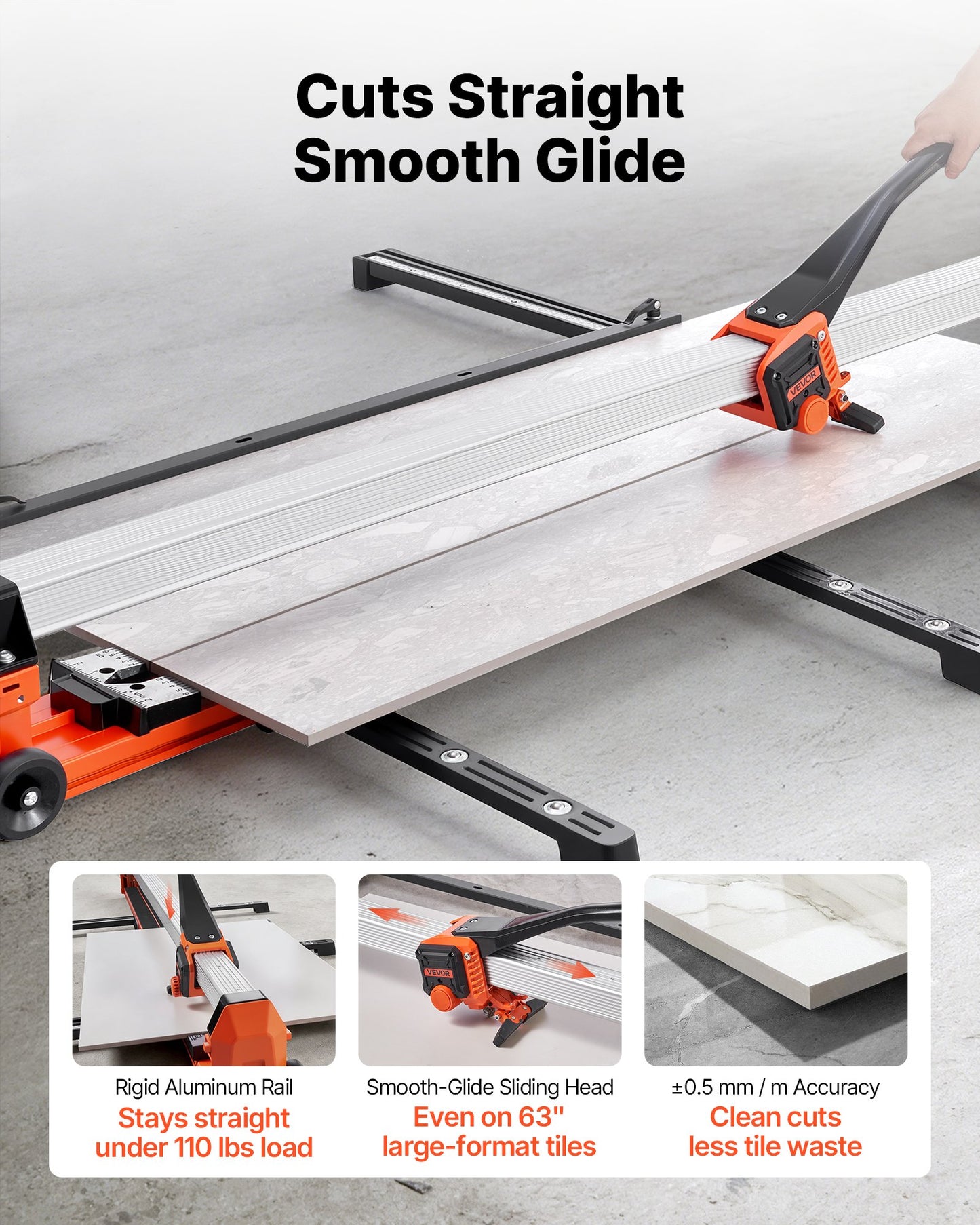 1600 mm Manual Tile Cutter, Upgraded Rail and Sliding Head, Precision Alignment Guide, Tungsten Carbide Cutting Wheel, Support Legs with Swivel Wheels, for DIY Pros, Ceramic, Floor & Wall Tiles