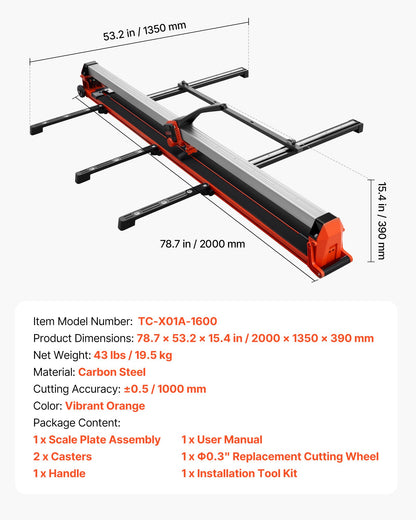 1600 mm Manual Tile Cutter, Upgraded Rail and Sliding Head, Precision Alignment Guide, Tungsten Carbide Cutting Wheel, Support Legs with Swivel Wheels, for DIY Pros, Ceramic, Floor & Wall Tiles