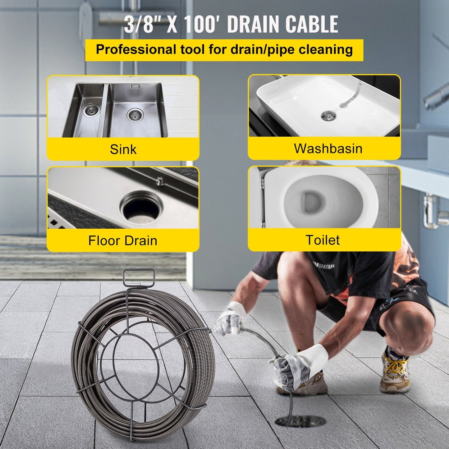 30m Drain Cleaning Cable Snake, 9.5mm Diameter for 51-102mm Pipes