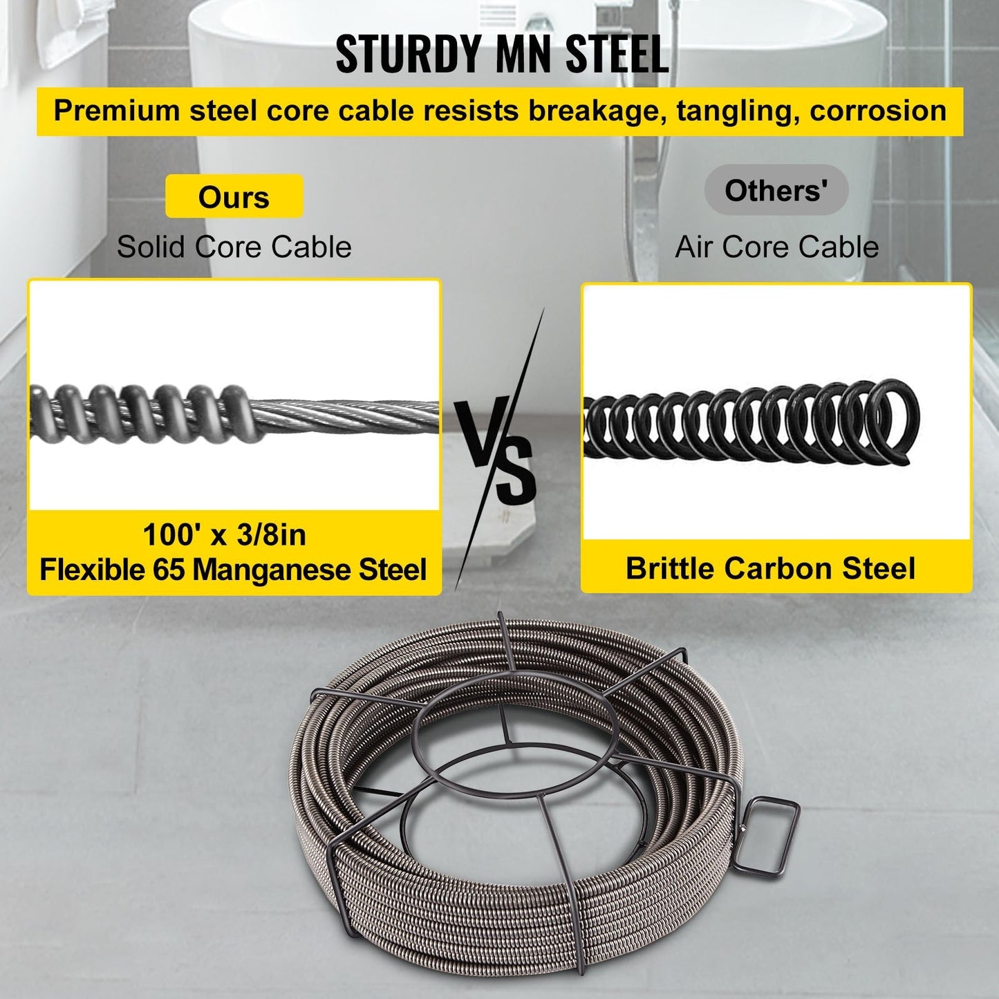 30m Drain Cleaning Cable Snake, 9.5mm Diameter for 51-102mm Pipes
