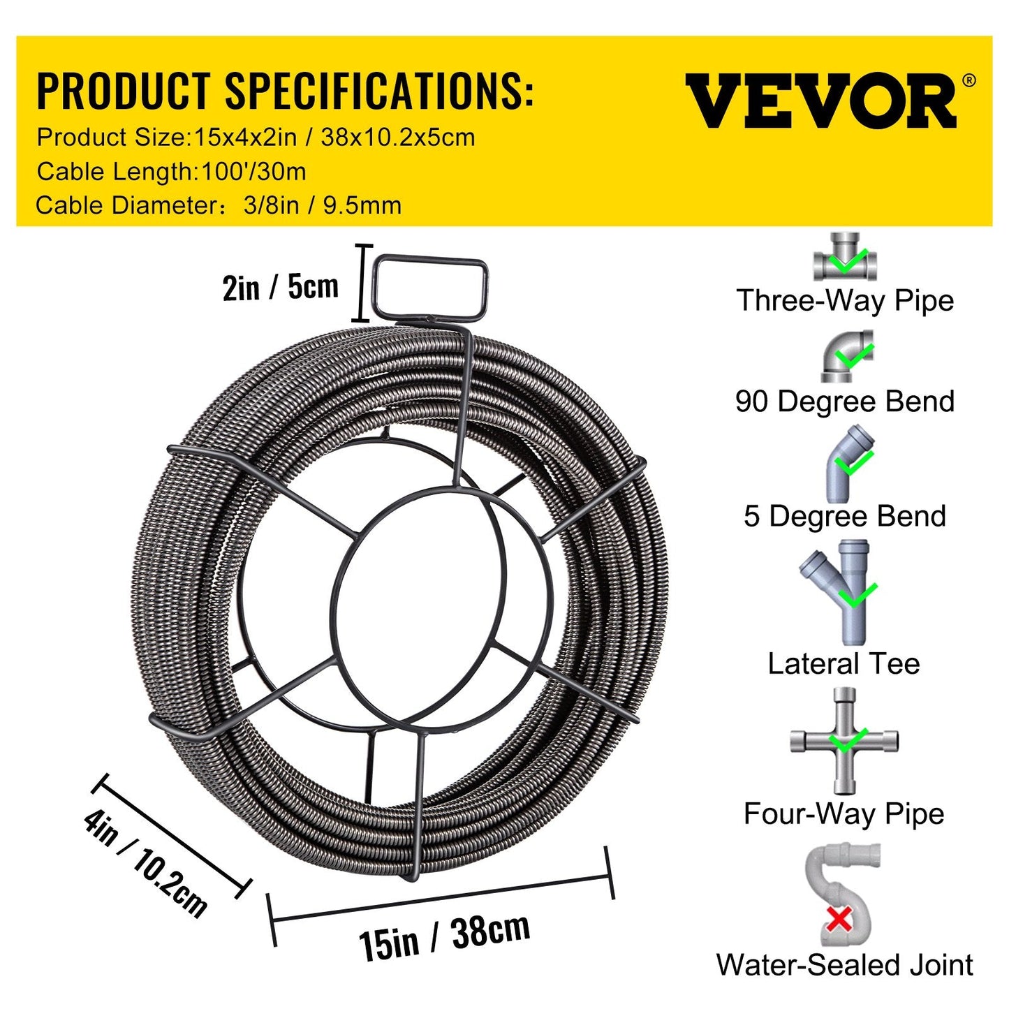30m Drain Cleaning Cable Snake, 9.5mm Diameter for 51-102mm Pipes