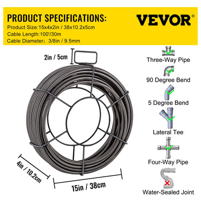 Drain Cable Sewer Cable 100Ft 3/8In Drain Cleaning Cable Auger Snake Pipe