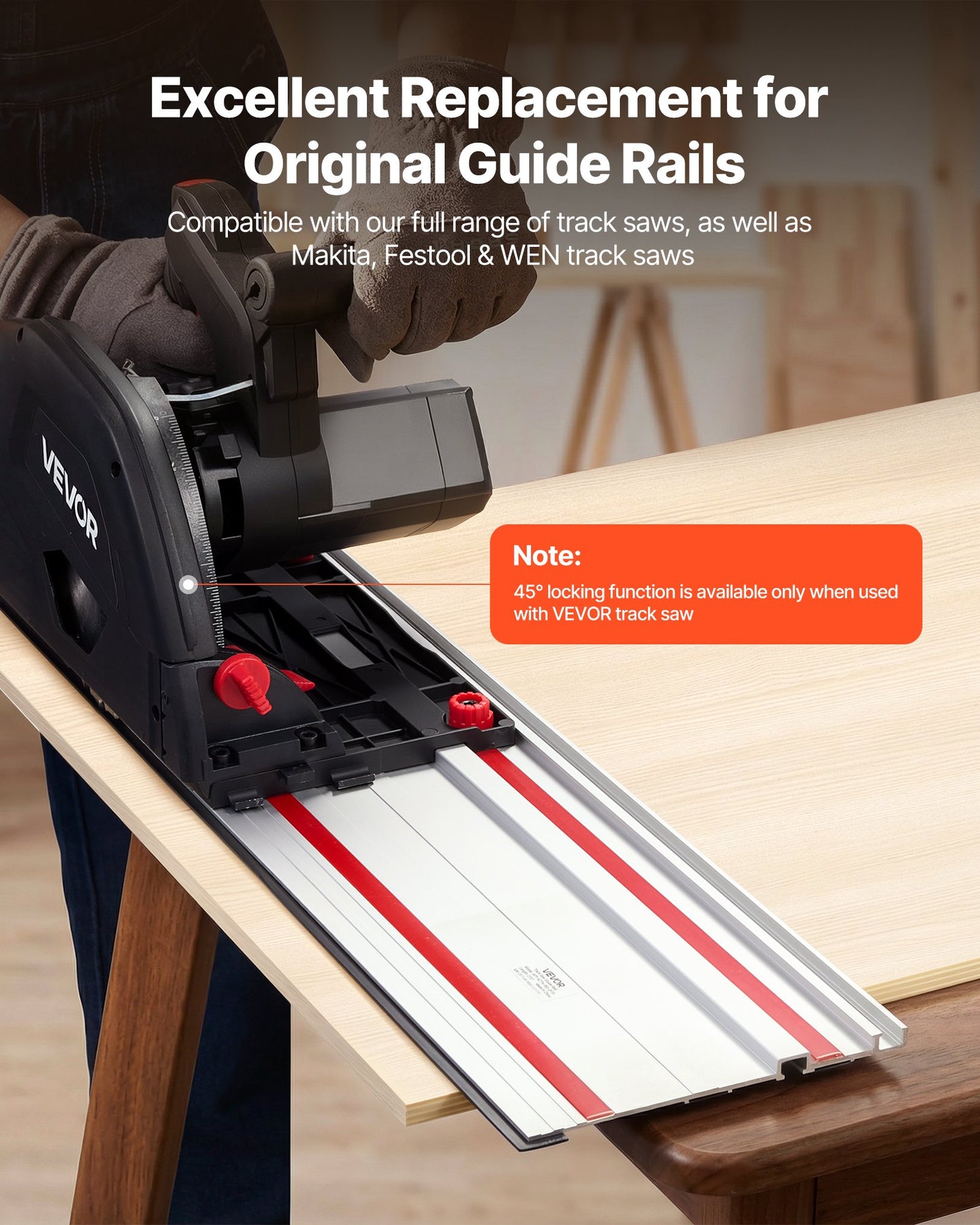 Track Saw Guide Rail, 1397 mm Cutting Range, Kit Includes 2 x 698.5 mm Aluminum Extruded Guide Rails and 1 Connector, Compatible with Makita, Festool & WEN Track Saws, for Woodworking Projects