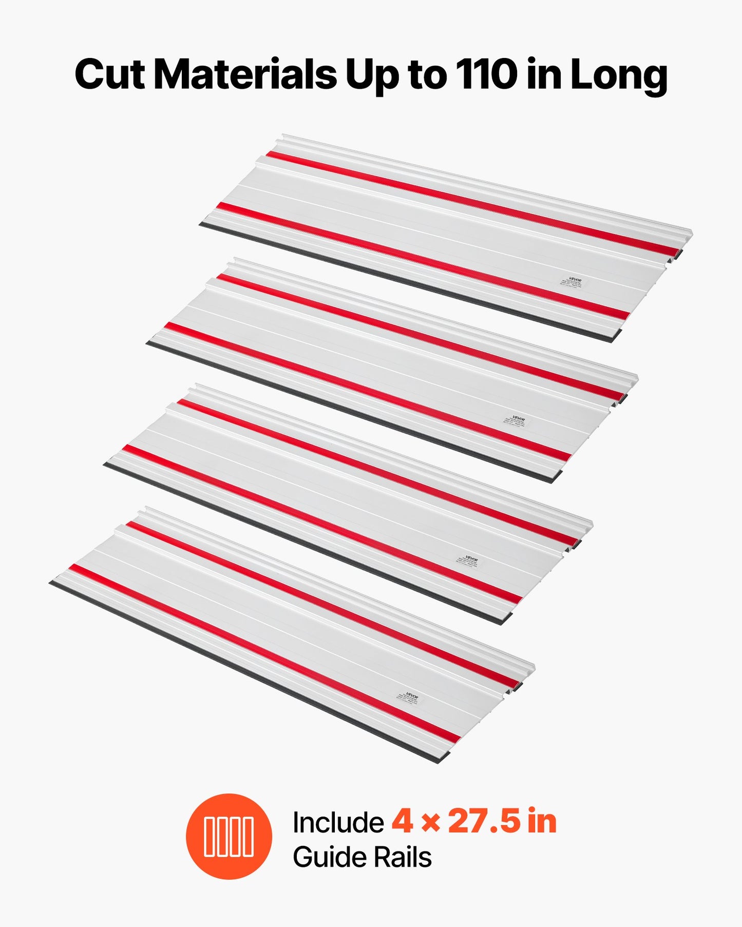 Track Saw Guide Rail, 2794 mm Cutting Range, Kit Includes 4 x 698.5 mm Aluminum Extruded Guide Rails and 3 Connectors, Compatible with Makita, Festool & WEN Track Saws, for Woodworking Projects