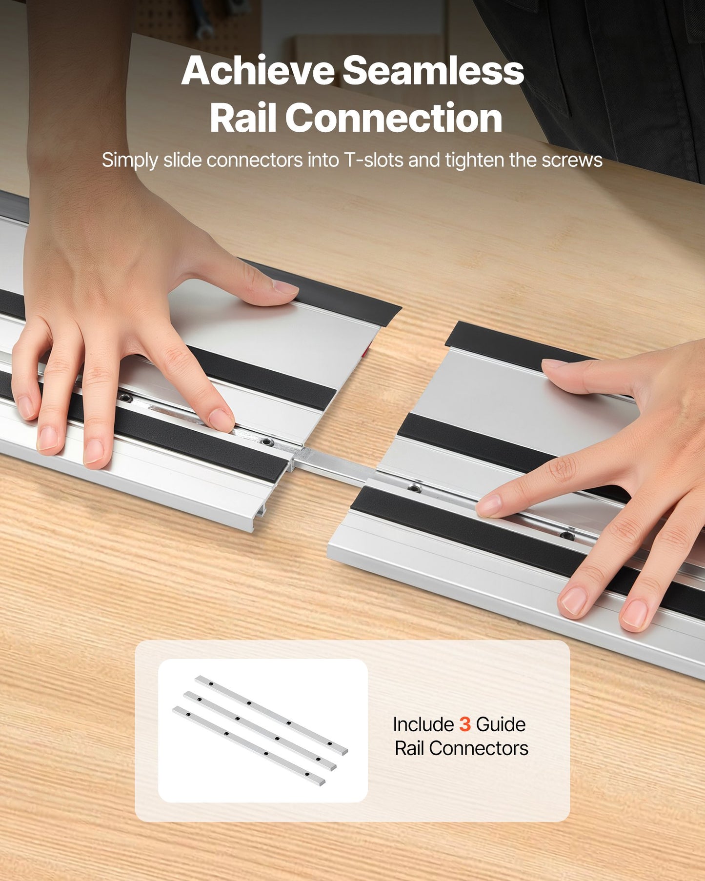 Track Saw Guide Rail, 2794 mm Cutting Range, Kit Includes 4 x 698.5 mm Aluminum Extruded Guide Rails and 3 Connectors, Compatible with Makita, Festool & WEN Track Saws, for Woodworking Projects