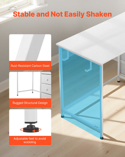 Computer Desk with Fabric Drawers, 120 cm Reversible Study Work Writing Desk for Modern Home Office Bedroom, Simple Modern Cute PC Table Metal Frame Business Furniture, White