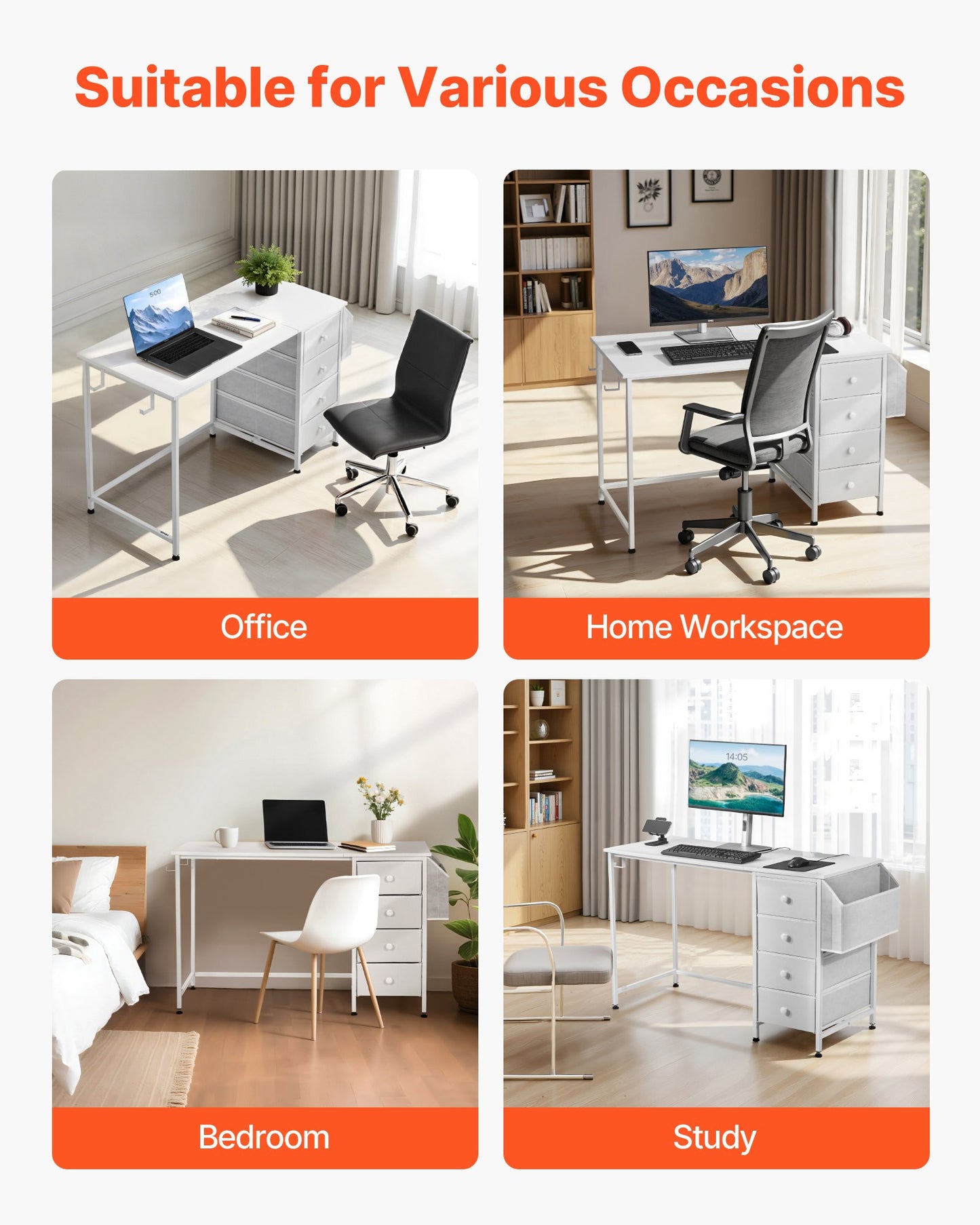 Computer Desk with Fabric Drawers, 120 cm Reversible Study Work Writing Desk for Modern Home Office Bedroom, Simple Modern Cute PC Table Metal Frame Business Furniture, White