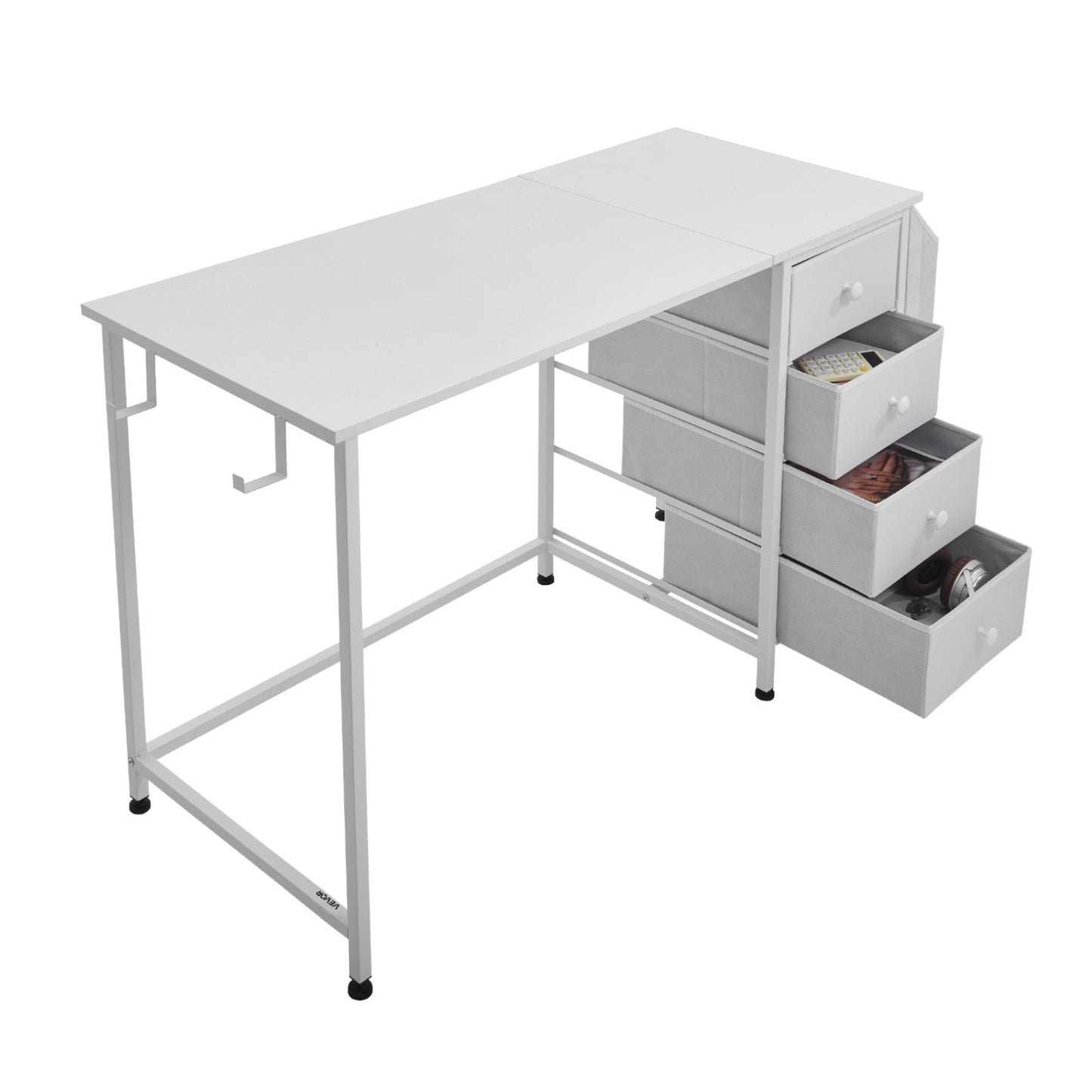 Computer Desk with Fabric Drawers, 120 cm Reversible Study Work Writing Desk for Modern Home Office Bedroom, Simple Modern Cute PC Table Metal Frame Business Furniture, White