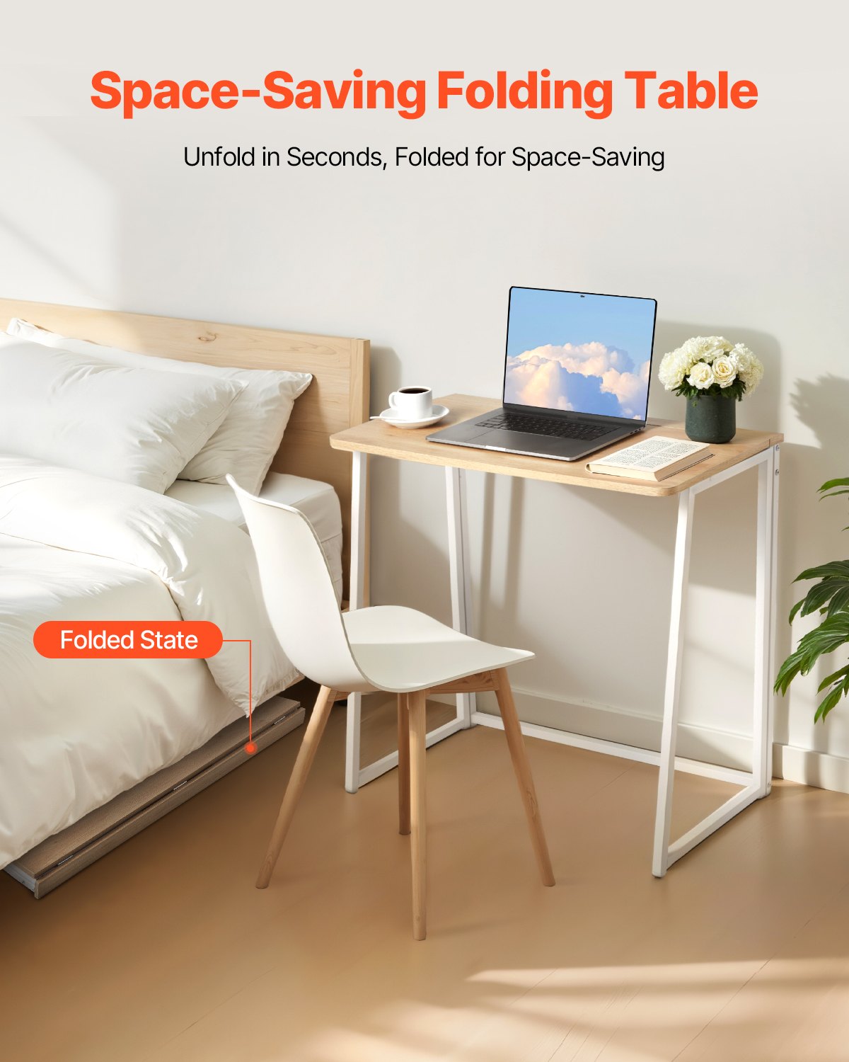 Folding Desk, 80 cm Small Foldable Table for Compact Spaces, Space Saving Computer Table, Sturdy Particleboard with Storage Hooks, Writing Workstation for Home Office, Easy Assembly, Oak