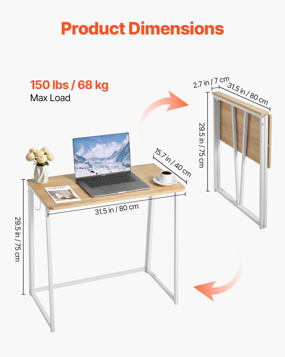 Folding Desk, 80 cm Small Foldable Table for Compact Spaces, Space Saving Computer Table, Sturdy Particleboard with Storage Hooks, Writing Workstation for Home Office, Easy Assembly, Oak