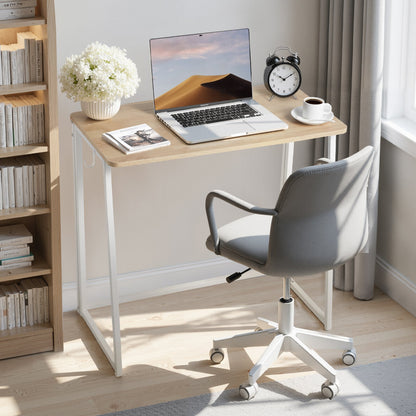 Folding Desk, 80 cm Small Foldable Table for Compact Spaces, Space Saving Computer Table, Sturdy Particleboard with Storage Hooks, Writing Workstation for Home Office, Easy Assembly, Oak