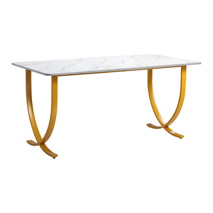 Executive Desk, 160 cm W x 80 cm D Large Office Desk, Modern Computer Table Conference Meeting Room Table, Business Furniture Enlarged Desktop for Home Office, White and Gold