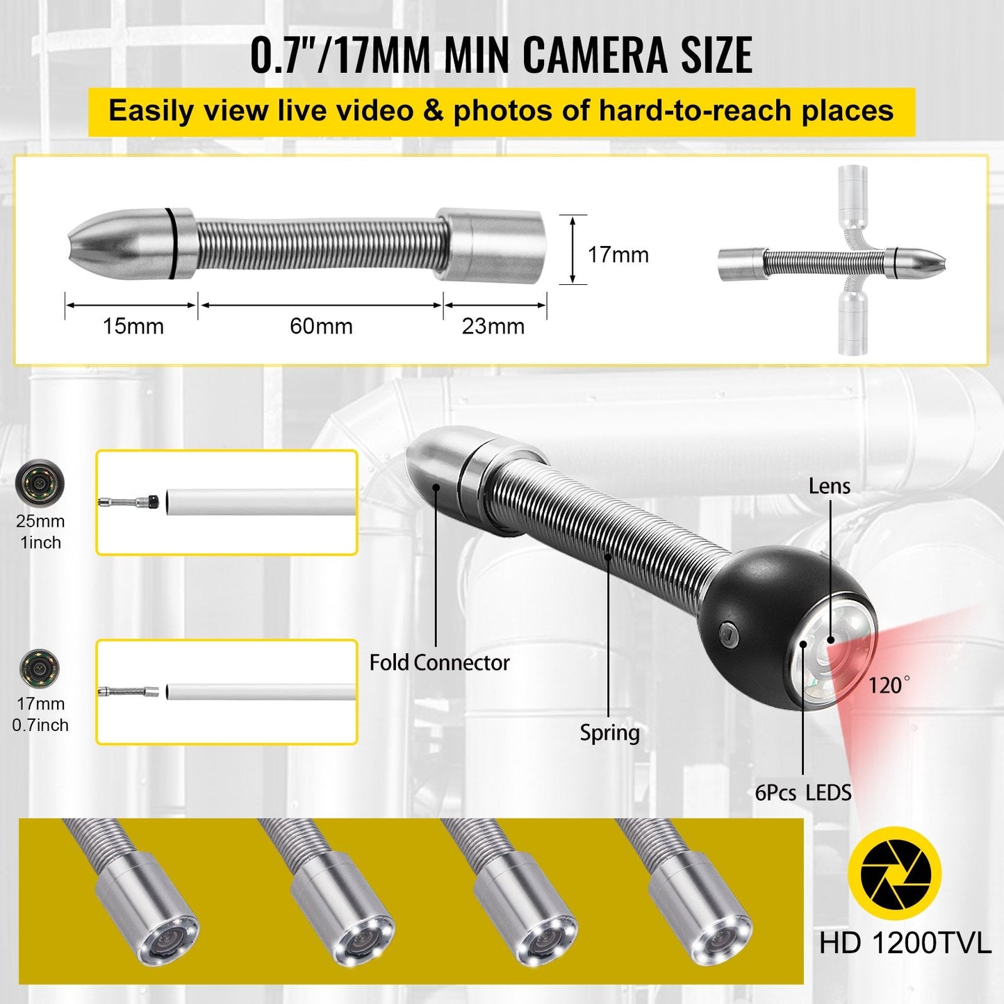Industrial Pipeline Inspection Camera with DVR, 50m Cable & 4.3" Screen