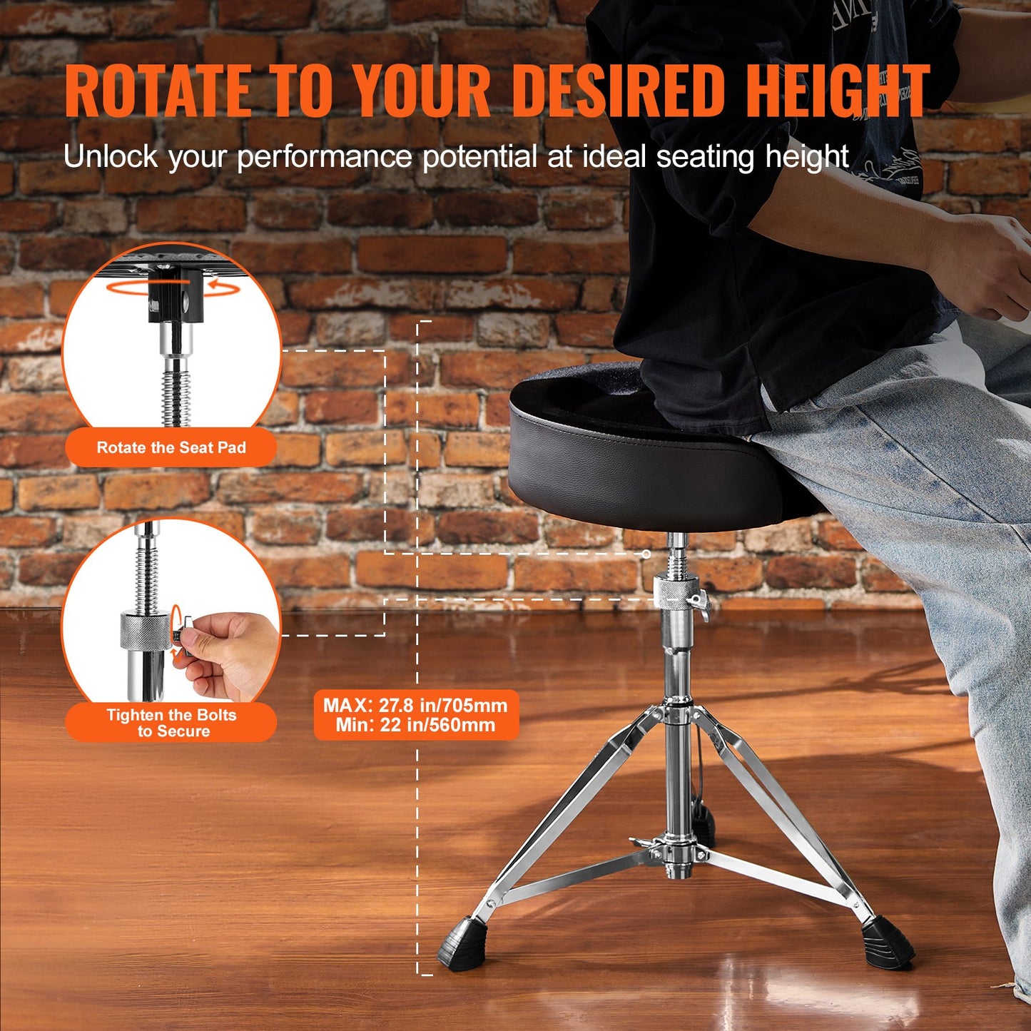 VEVOR Saddle Drum Throne, 560-705 mm Height Adjustable, Padded Drum Stool Seat with