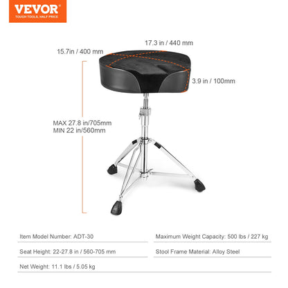 VEVOR Saddle Drum Throne, 560-705 mm Height Adjustable, Padded Drum Stool Seat with