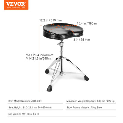 VEVOR Drum Throne, 540-670 mm Height Adjustable, Padded Drum Stool Seat with Anti-Slip