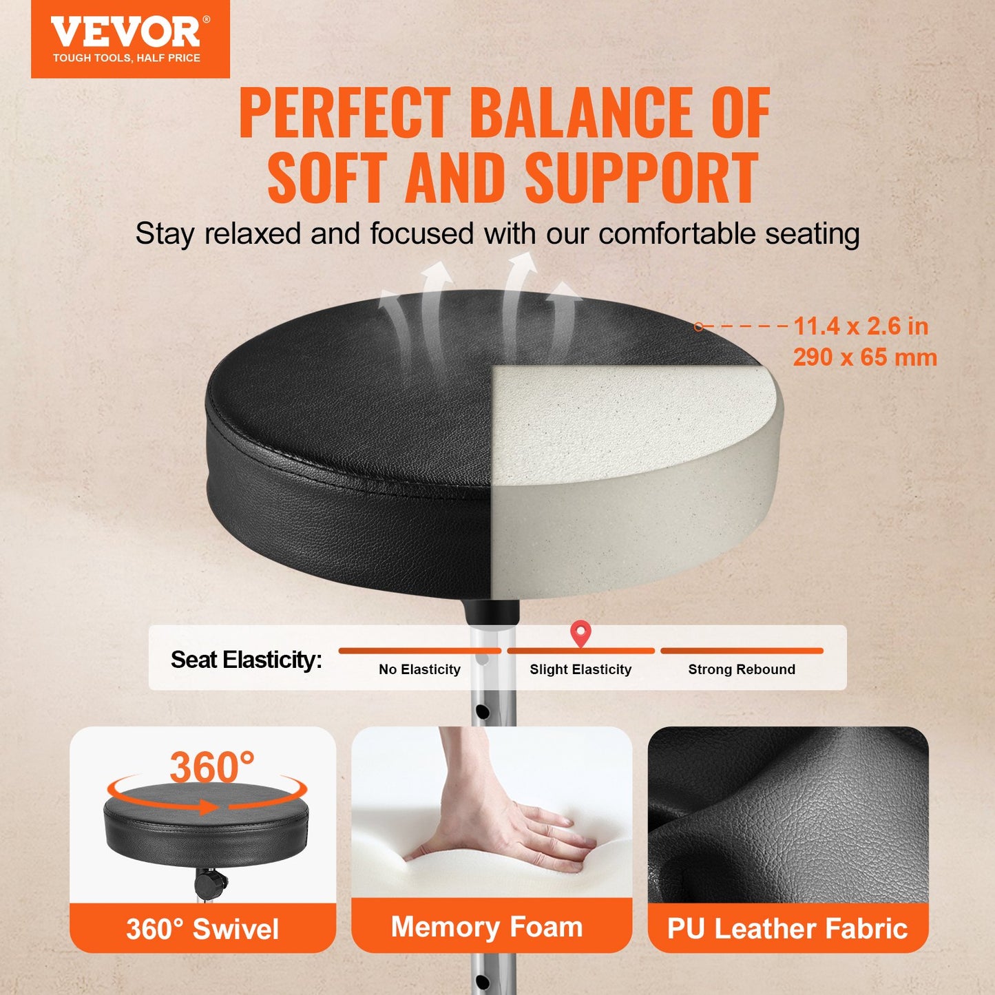 VEVOR Drum Throne, 490-585 mm Height Adjustable, Padded Drum Stool Seat with Anti-Slip