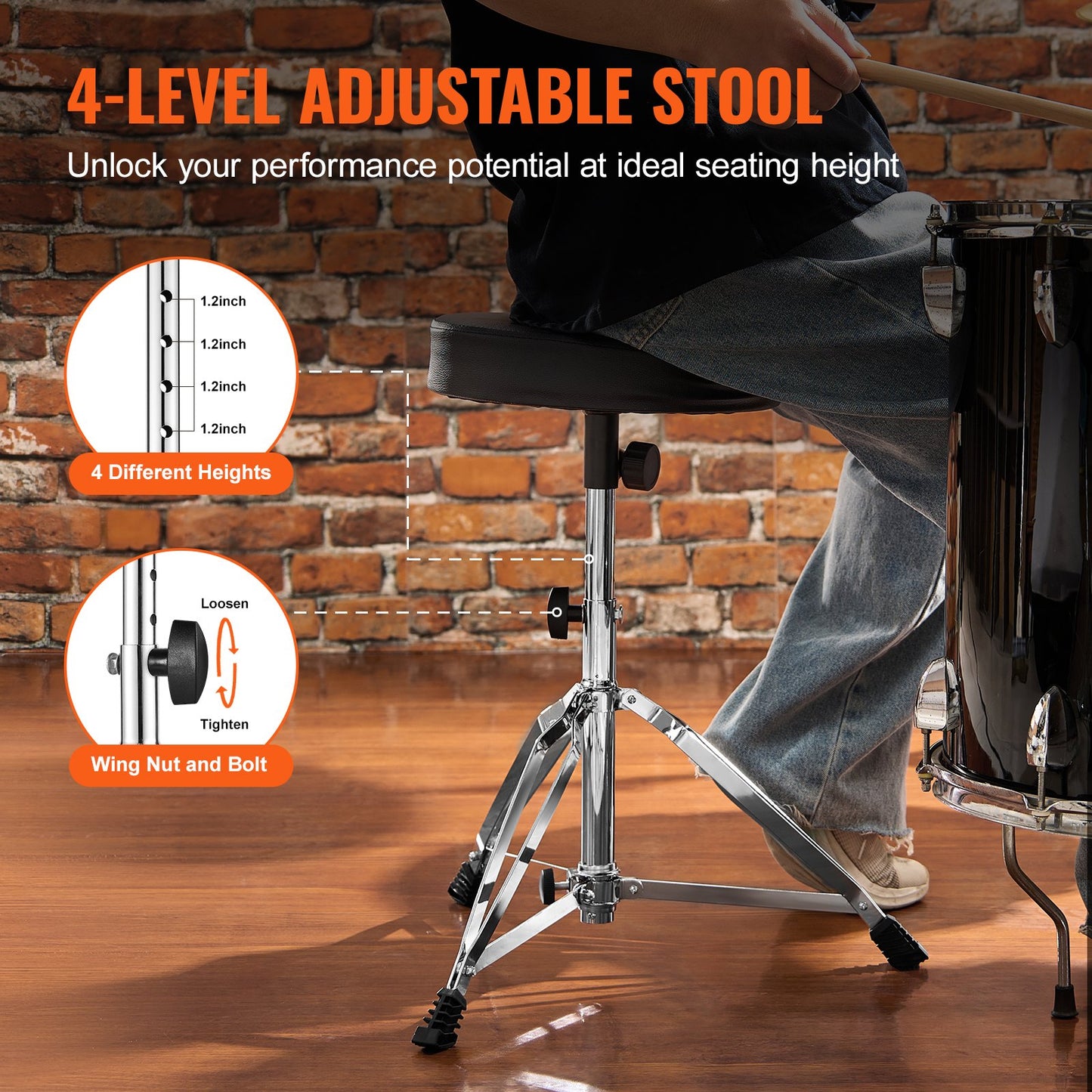 VEVOR Drum Throne, 490-585 mm Height Adjustable, Padded Drum Stool Seat with Anti-Slip