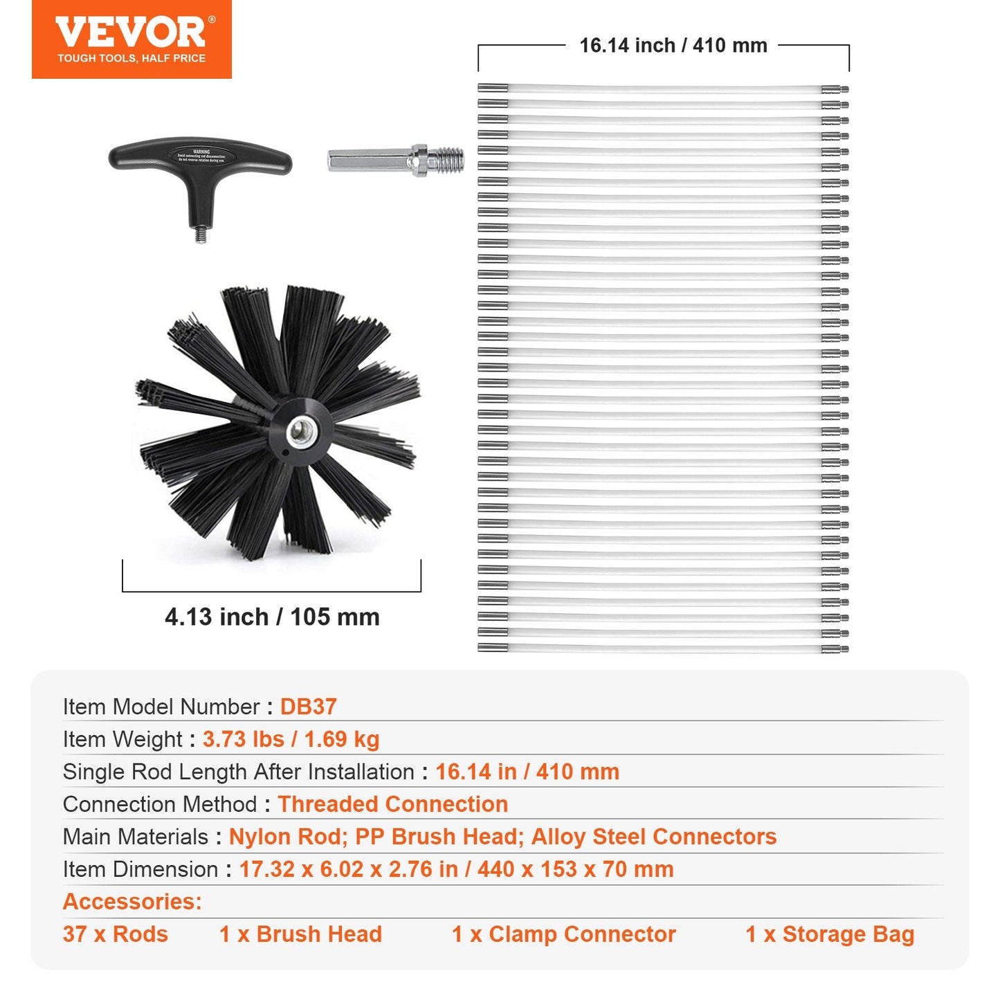 15.24M Dryer Vent Cleaning Kit, 37-Piece Nylon Brush Set for Deep Cleaning