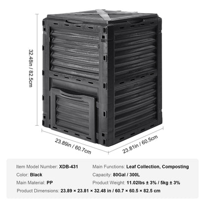 Large Outdoor Compost Bin 300L, BPA-Free, Easy Assembly, UV-Resistant, Black