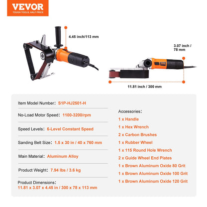 1300W Pipe Belt Sander with 6 Speeds, 3 Belts for Finishing & Rust Removal