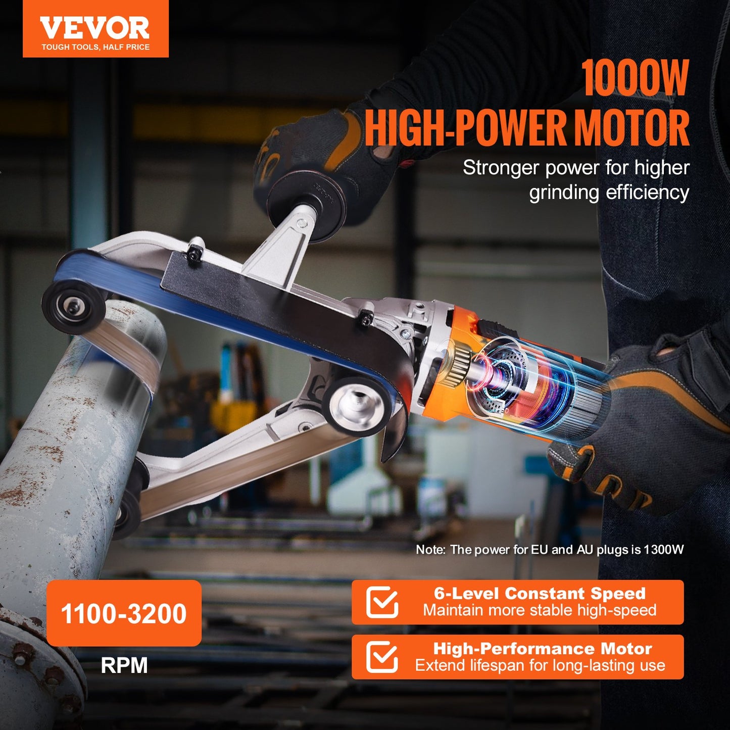 VEVOR Pipe Tube Polisher Sander, 1300W Pipe Belt Sander with 6 Variable Speeds 1100-3200rpm,