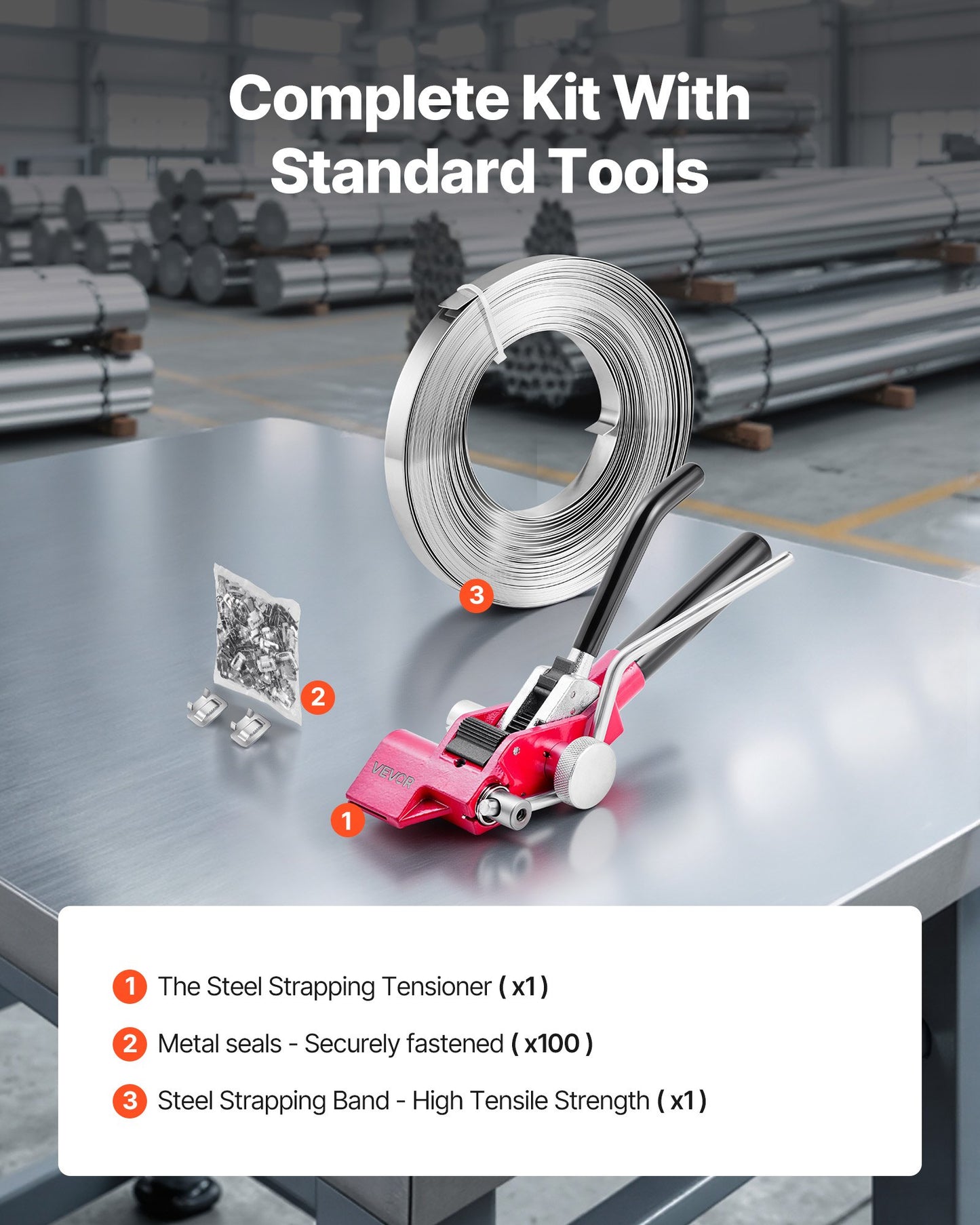 Steel Banding Strapping Kit, Heavy Duty Banding Sealer Tool with 30.5 m Binding Straps, 100 Metal Clasps, Manual Pallet Packaging Strapping Kit for Warehouse, Transportation, Industrial Bundling