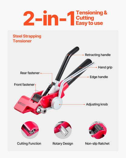 Steel Banding Strapping Kit, Heavy Duty Banding Sealer Tool with 30.5 m Binding Straps, 100 Metal Clasps, Manual Pallet Packaging Strapping Kit for Warehouse, Transportation, Industrial Bundling