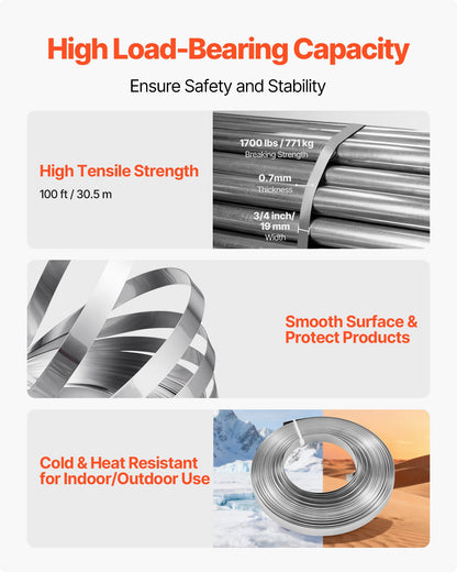 Steel Banding Strapping Kit, Heavy Duty Banding Sealer Tool with 30.5 m Binding Straps, 100 Metal Clasps, Manual Pallet Packaging Strapping Kit for Warehouse, Transportation, Industrial Bundling