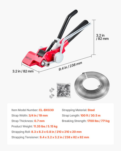 Steel Banding Strapping Kit, Heavy Duty Banding Sealer Tool with 30.5 m Binding Straps, 100 Metal Clasps, Manual Pallet Packaging Strapping Kit for Warehouse, Transportation, Industrial Bundling