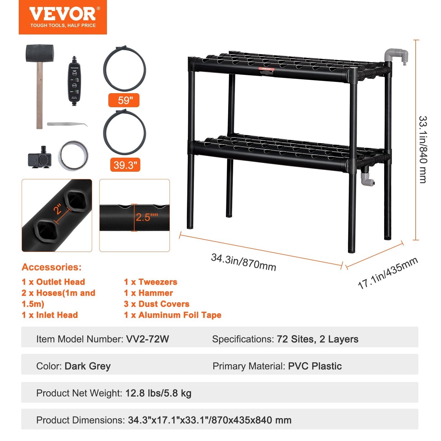 Hydroponic Grow Kit with 72 Sites, 2 Layers, PVC, Dark Grey, Includes Water Pump