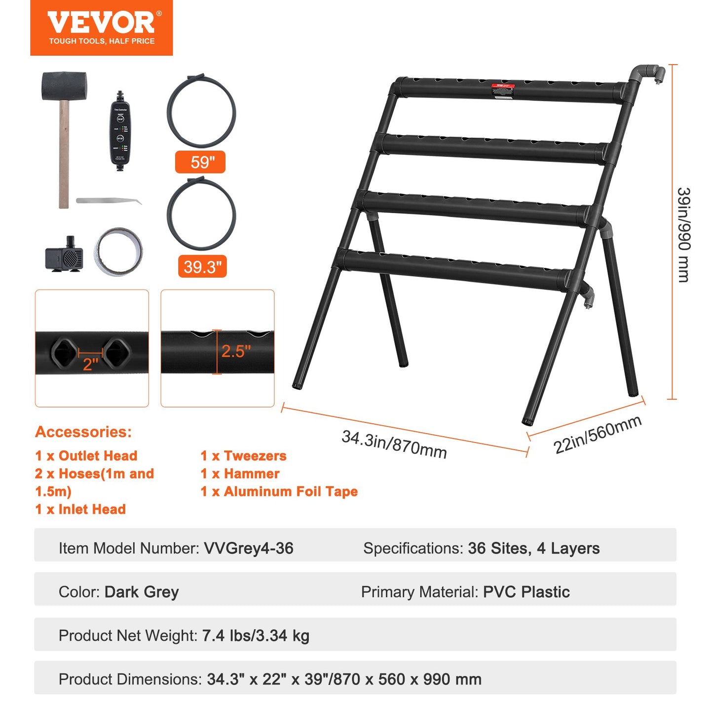 VEVOR Hydroponics Growing System, 36 Sites 4 Layers, Dark Grey PVC Pipes Hydroponic