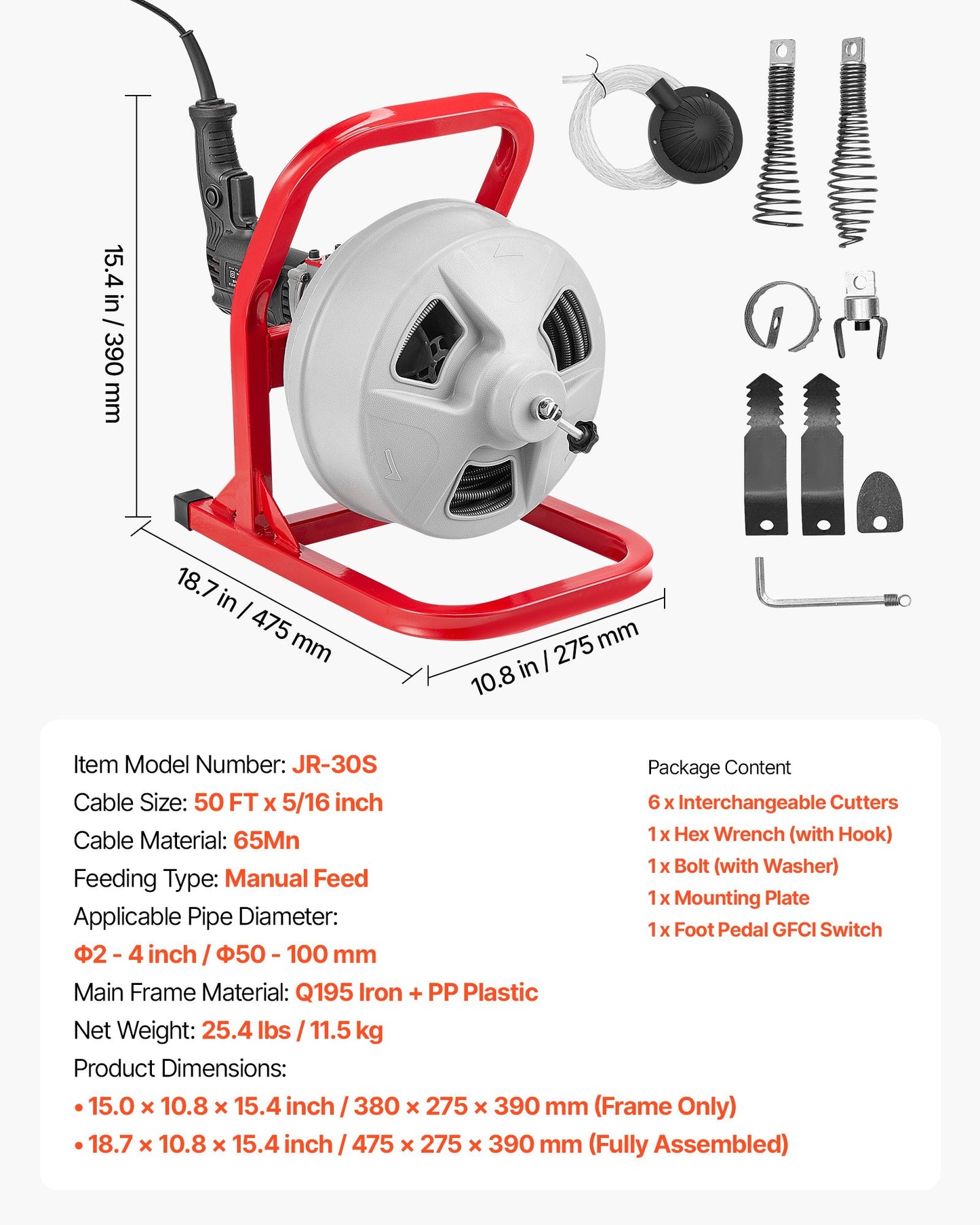 Drain Cleaner Machine 15m x 8mm, Sewer Snake Auger with 228RPM Electric Drill, Manual Feed Drain Cleaning Machine with 6 Cutters & Air-activated Foot Switch for 50mm to 100mm Pipes
