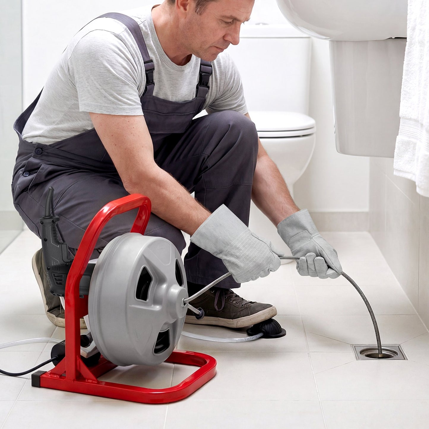 Drain Cleaner Machine 15m x 8mm, Sewer Snake Auger with 228RPM Electric Drill, Manual Feed Drain Cleaning Machine with 6 Cutters & Air-activated Foot Switch for 50mm to 100mm Pipes